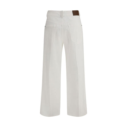 Back view of Brunello Cucinelli White Cotton Straight-Leg Jeans with leather patch and five-pocket design.