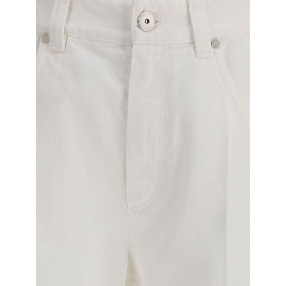 Close-up of Brunello Cucinelli White Cotton Straight-Leg Jeans showing front button and pocket details.