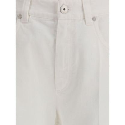 Close-up of Brunello Cucinelli White Cotton Straight-Leg Jeans showing front button and pocket details.
