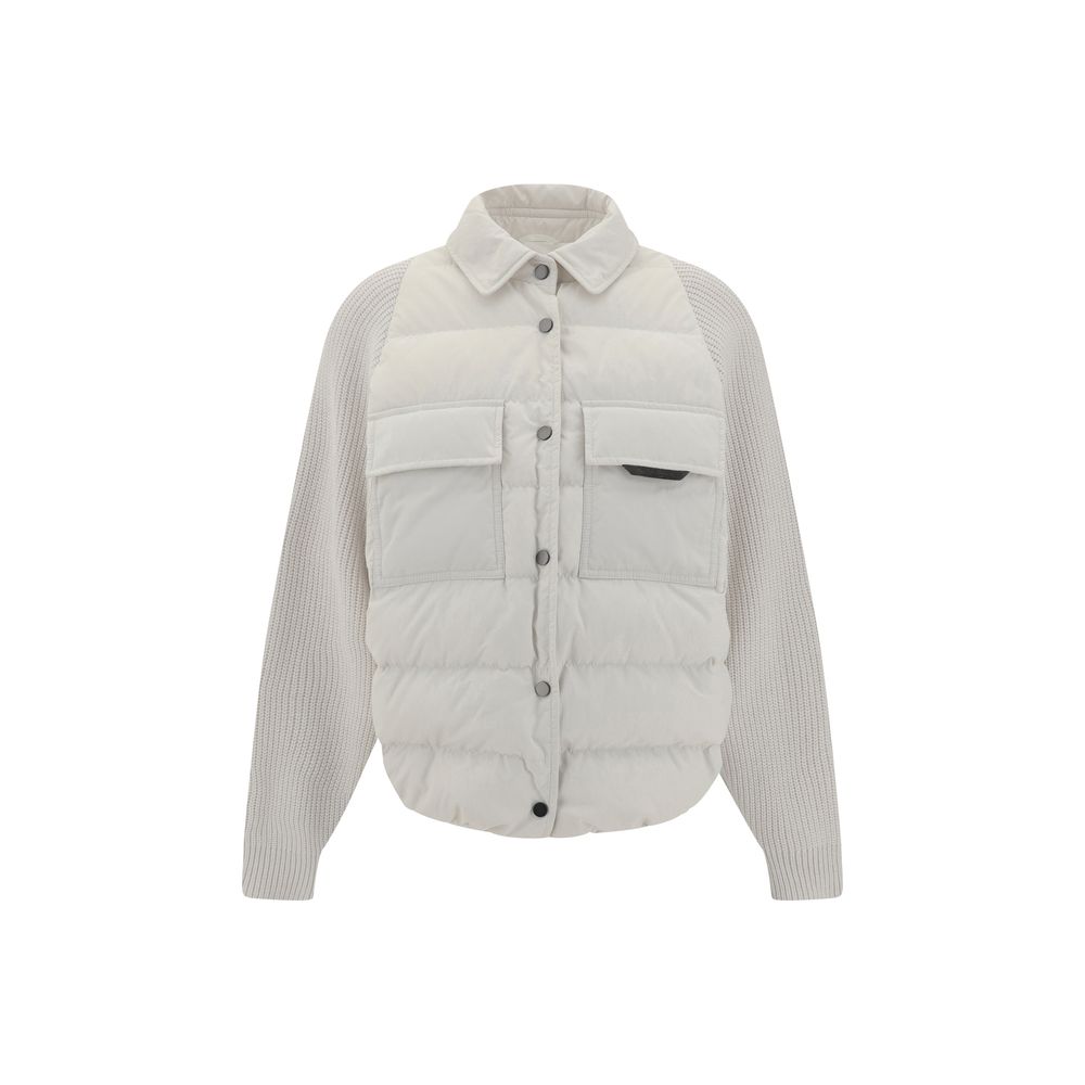 Brunello Cucinelli White Polyamide Coat with quilted panels and classic collar featuring flap patch pockets for a stylish, warm look.