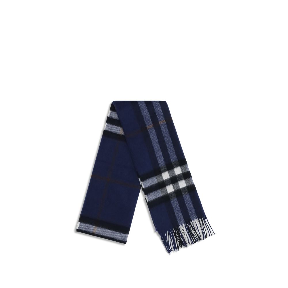 Alt Tag: Burberry Blue Cashmere Scarf with check pattern and fringed edges, showcasing elegance and warmth.
