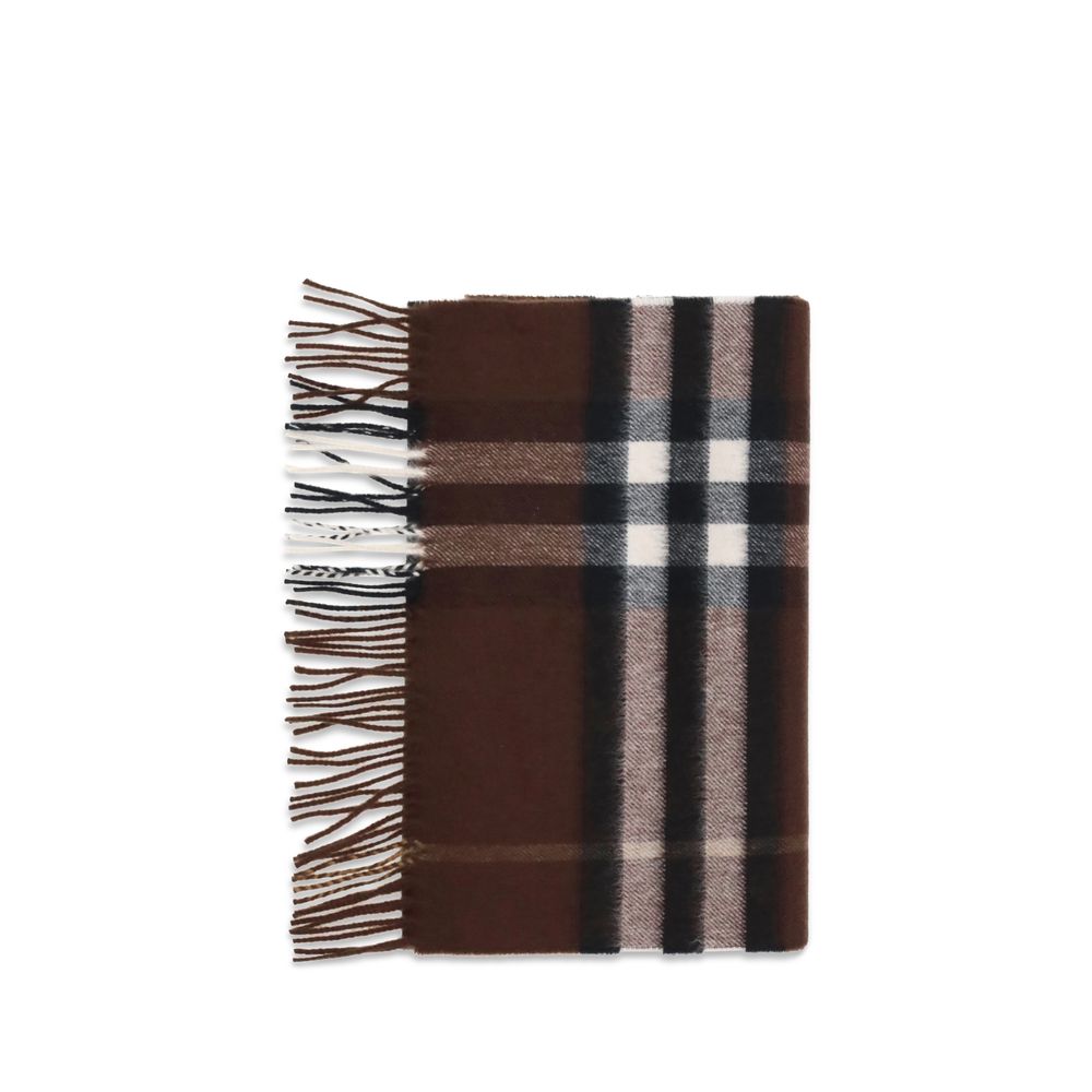 Burberry Brown Cashmere Scarf with classic check pattern and fringed edges, 100% cashmere, elegant autumn-winter accessory.