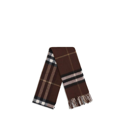 Burberry Brown Cashmere Scarf with classic check pattern and fringed ends, perfect for adding elegance to any outfit.