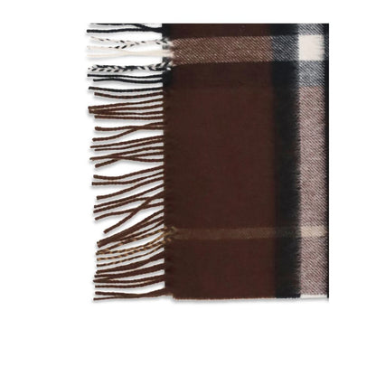 Burberry Brown Cashmere Scarf with classic check pattern and fringe, 100% Kashmir, fall winter collection, elegant accessory.