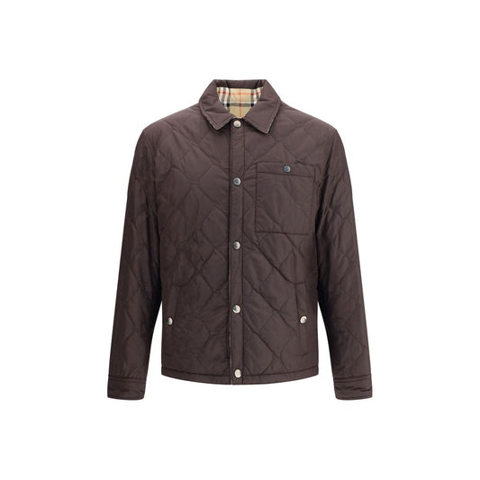 Burberry Brown Polyamide Coat with quilted design, reversible with Burberry Check, featuring snap button closure and pointed collar.