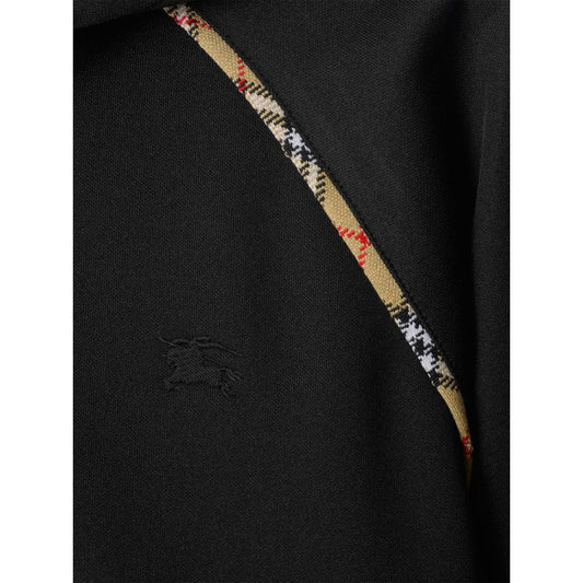 Burberry Cotton blend zip-up hoodie with check trim, black with front zip, side welt pockets, drawstring hood, Equestrian Knight motif