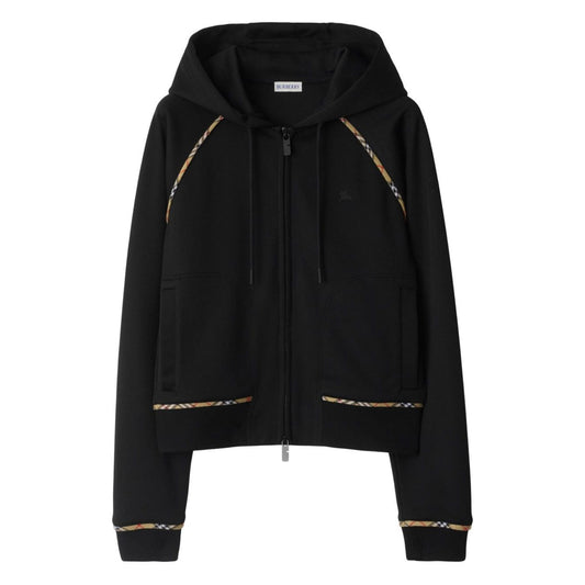 Burberry Cotton blend zip-up hoodie with check trim, featuring black design, two-way zip, side pockets, drawstring hood.