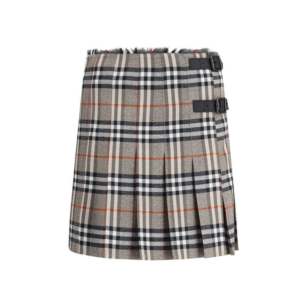 Burberry Gray Wool Mini Skirt with check pattern, pleated silhouette, leather straps, and logo-engraved accessories for elegant style.