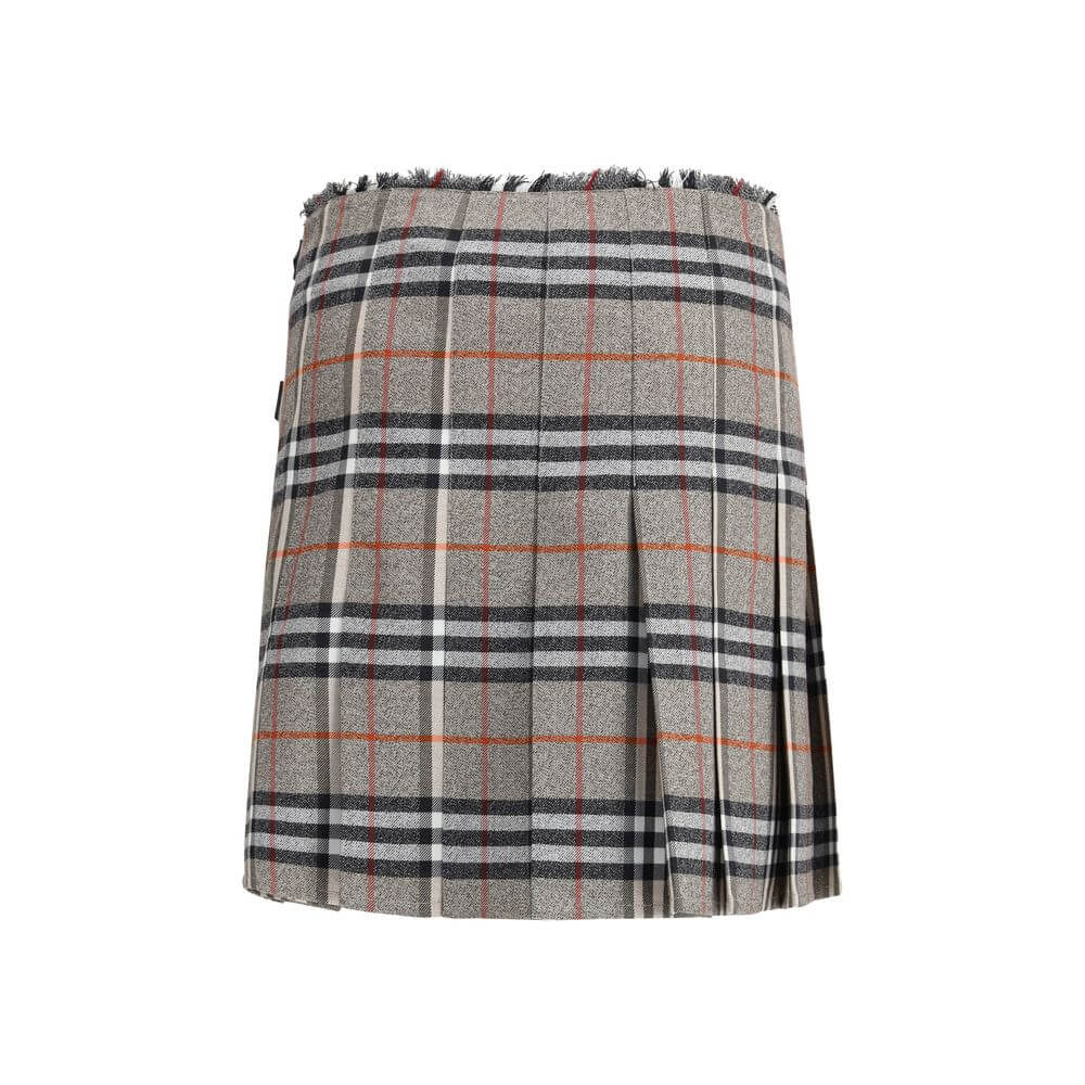 Burberry Gray Wool Mini Skirt with pleats and B-shaped buckle, showcasing elegant check pattern and tailored adjustments.