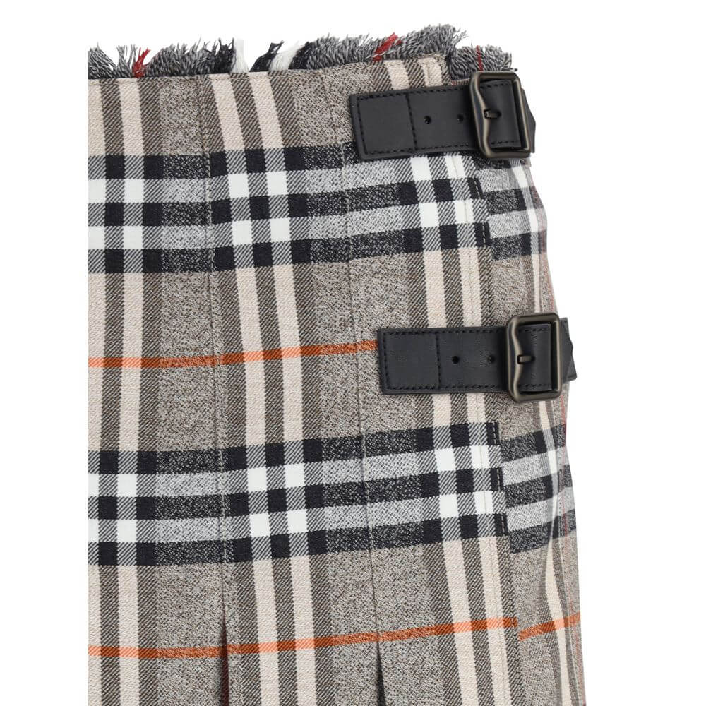 Burberry Gray Wool Mini Skirt with pleats, leather straps, and B-shaped buckle, showcasing classic check pattern.