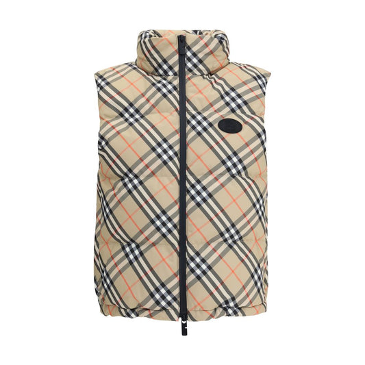 Burberry Multicolor Polyester Sleveless Jacket with iconic check pattern, featuring packaway hood and Equestrian Knight Design applique.