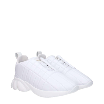 Burberry White Leather Sneakers with logos, lace-up closure, and mid heels, showing casual style and round toe design.