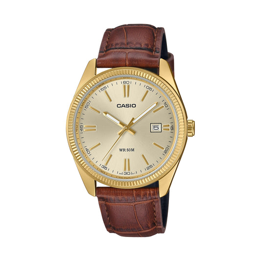 CASIO COLLECTION Mod. DATE GOLD. LEATHER - CHAMPAGNE wristwatch with water resistance, metal case, quartz movement, and leather strap.