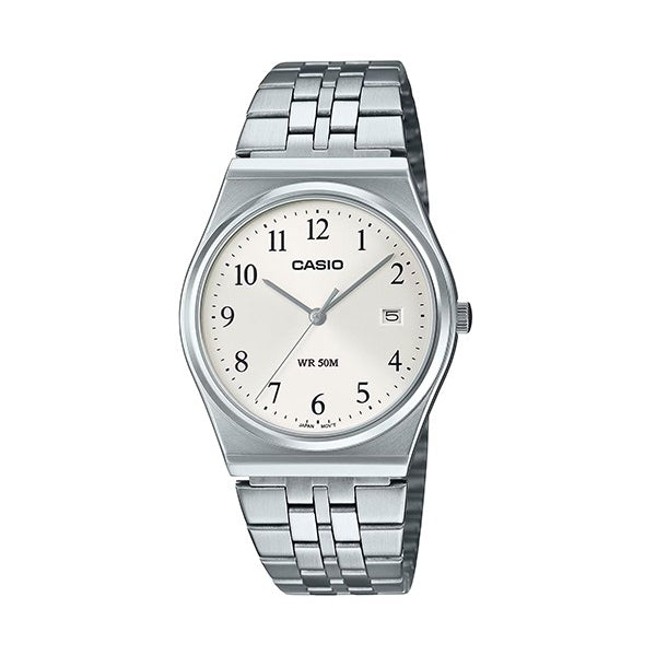 CASIO COLLECTION Mod. DATE - SILVER wristwatch with 5 ATM water resistance, 35mm stainless steel case and quartz movement.