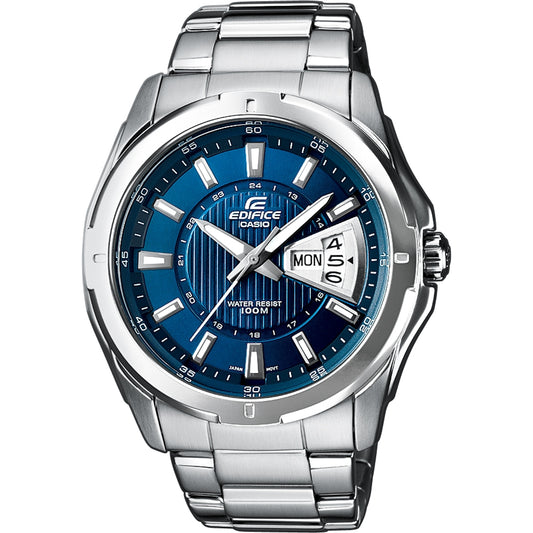 CASIO EDIFICE Mod. CLASSIC DAY DATE - BLUE wristwatch, stainless steel, blue dial, quartz movement, water resistant 10 ATM.
