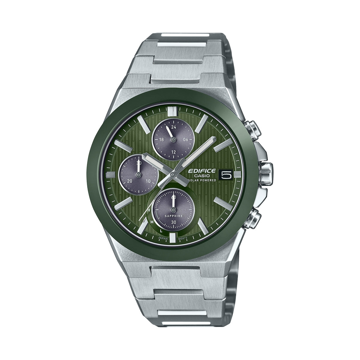 CASIO EDIFICE Mod. SOLAR POWERED CHRONOGRAPH - GREEN with stainless steel case and bracelet, water resistant 10 ATM, featuring chronograph and date.