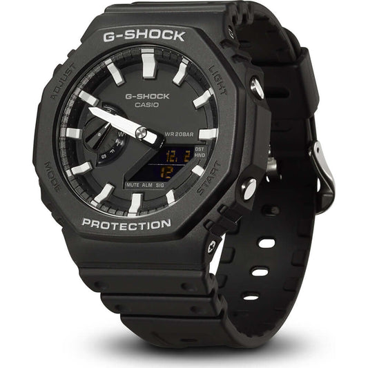CASIO G-SHOCK Mod. OAK Black wristwatch with carbon and resin case, water resistant to 20 ATM, multifunction quartz movement.