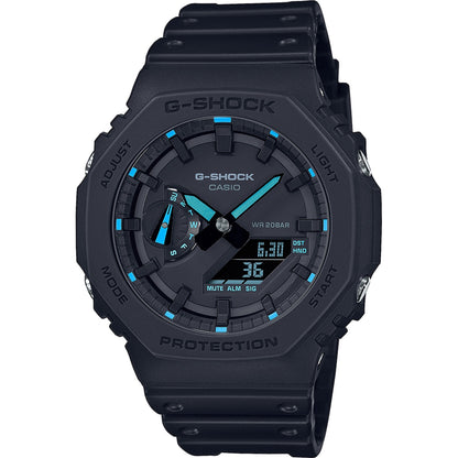 CASIO G-SHOCK Mod. OAK - Neon Blue Index wristwatch with 20 ATM water resistance, carbon and resin case, multifunction quartz movement.