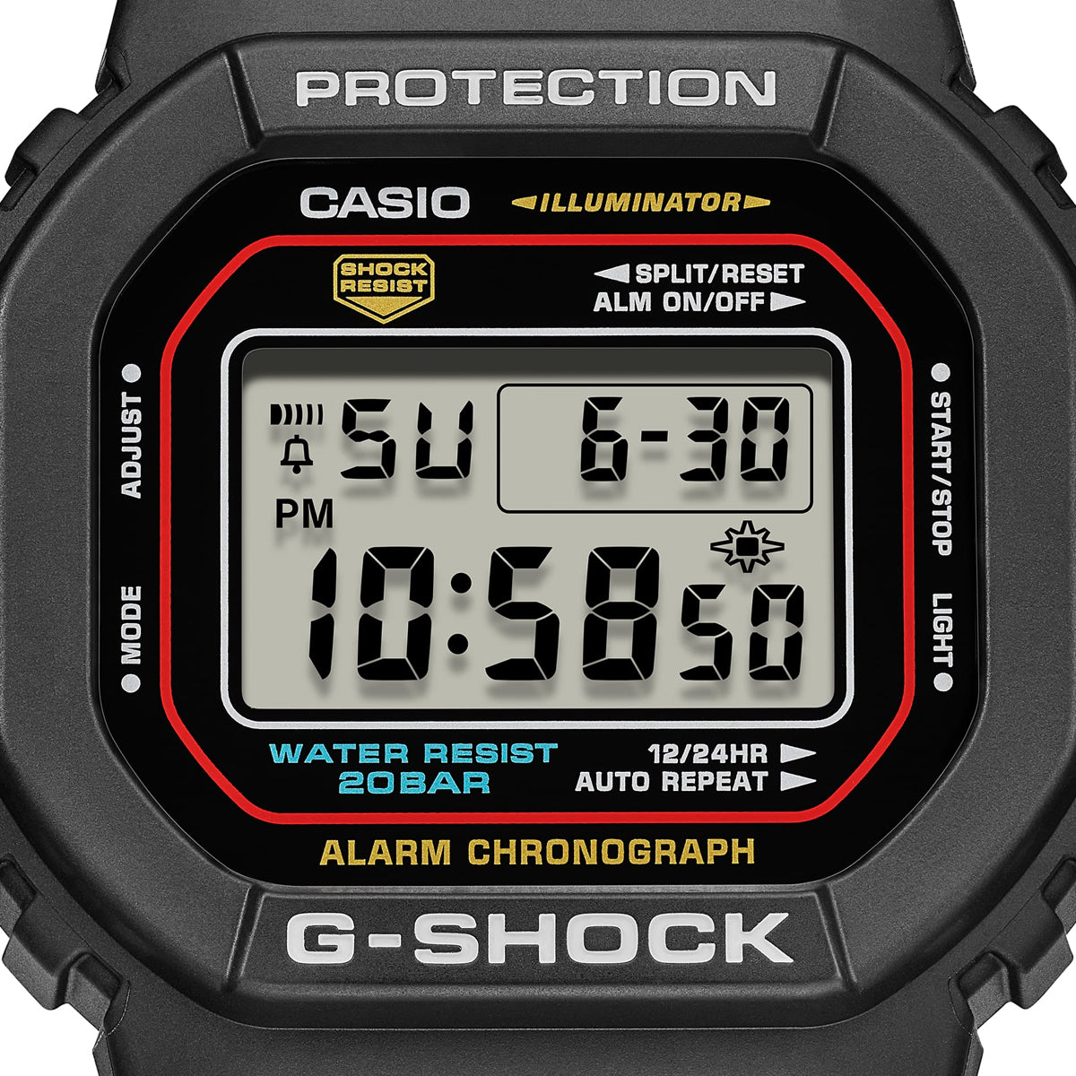 Digital display of CASIO G-SHOCK Mod. THE ORIGIN - RE-EDITION SUPER ILLUMINATOR wristwatch showing time and date.