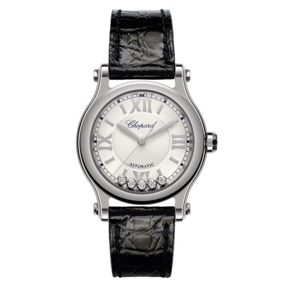 Luxury watch CHOPARD MOD. 278573-3011 with silver dial and diamonds, featuring elegant design and black leather strap.