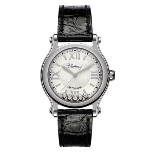 Luxury watch CHOPARD MOD. 278573-3011 with silver dial and diamonds, featuring elegant design and black leather strap.