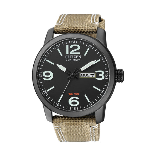 CITIZEN MOD. BM8476-23E watch with black dial and beige strap, displaying date on a durable wristwatch design.