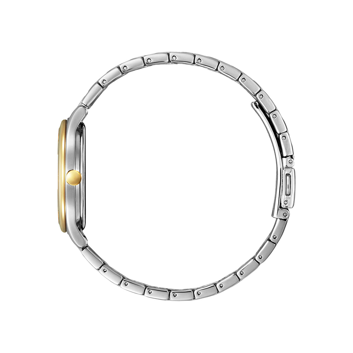 CITIZEN Mod. ELEGANCE wristwatch with stainless steel bracelet, side view showcasing thin profile and gold accents.