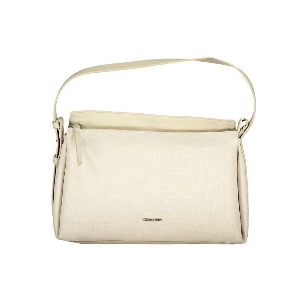 Calvin Klein Beige Polyester Handbag with adjustable shoulder handle and internal document pocket, featuring contrasting details and logo.