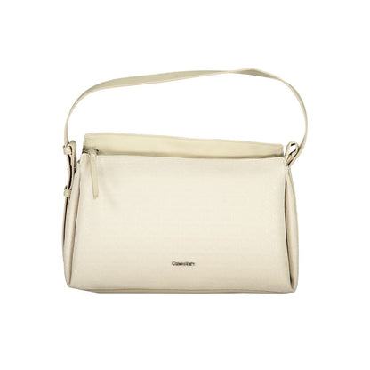 Calvin Klein Beige Polyester Handbag with adjustable shoulder handle and internal document pocket, featuring contrasting details and logo.