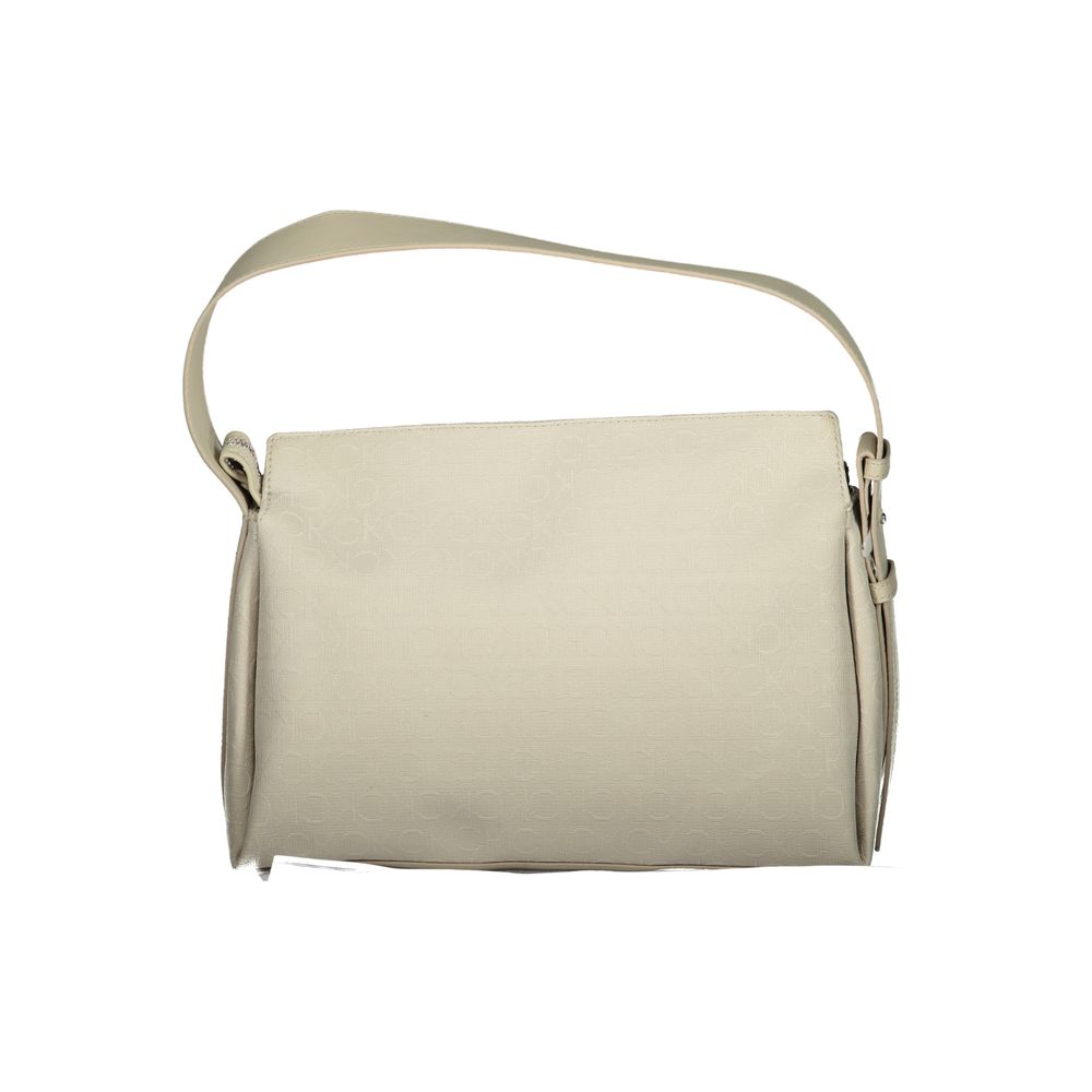 Calvin Klein Beige Polyester Handbag with adjustable shoulder handle and zip closure, featuring logo and contrasting details.