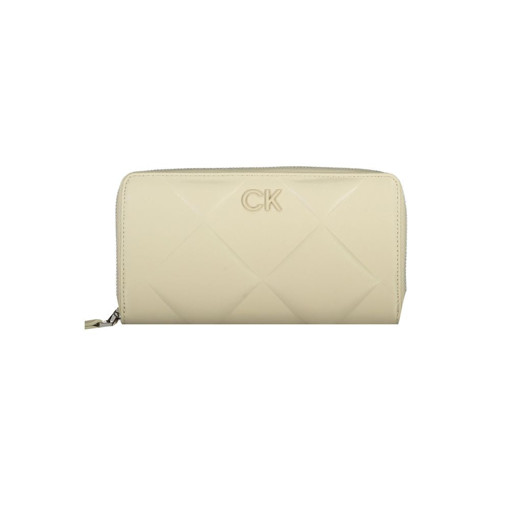 Calvin Klein Beige Polyester Wallet with RFID block, zip closure, and 5 compartments, featuring logo and contrast details.