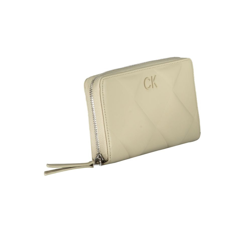 Calvin Klein Beige Polyester Wallet with logo, RFID block, five compartments, coin purse, card spaces, zip closure, and recycled material