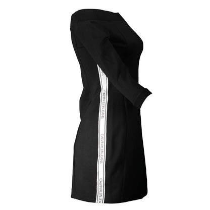 Calvin Klein Black Polyester Dress with 3/4 sleeves, off-shoulder neckline, and contrasting logo details