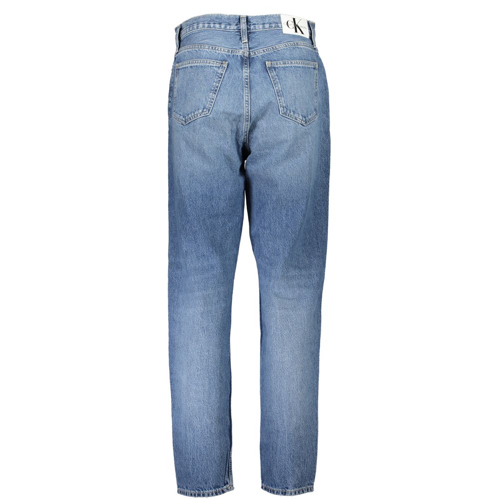 Calvin Klein Blue Cotton Women Jean with vintage wash, five-pocket design, and CK logo, showcasing sustainable fashion.