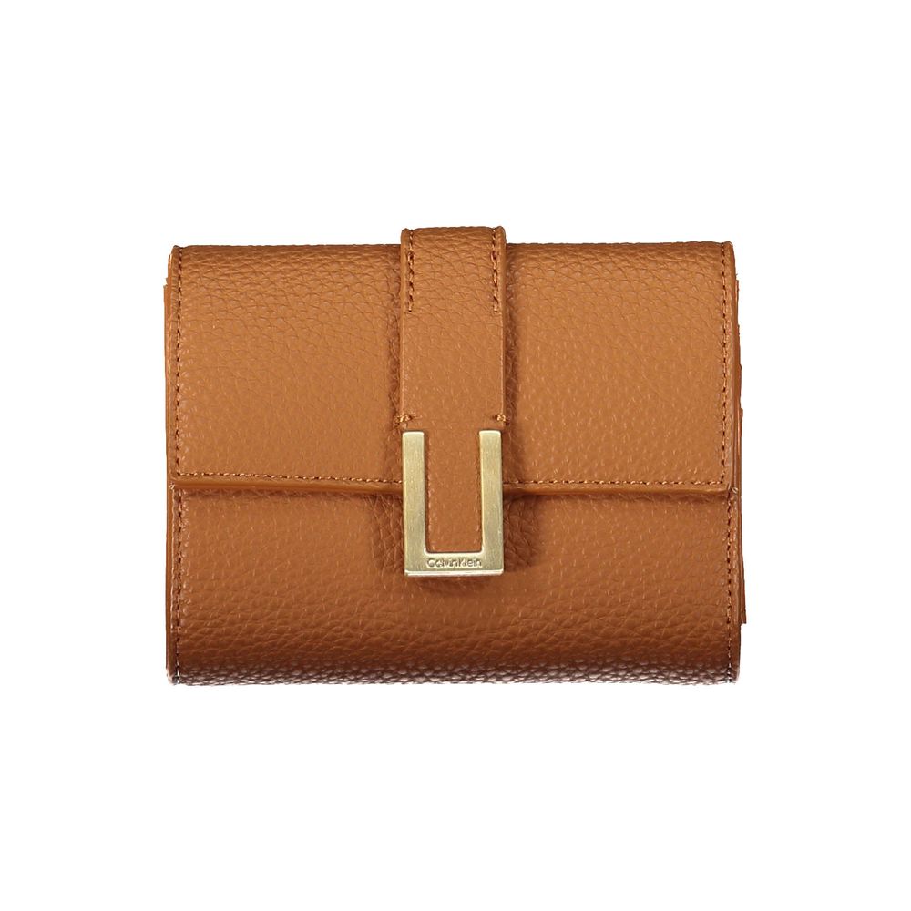 Calvin Klein Brown Polyester Women Wallet with external pocket and coin purse, showcasing sleek design and iconic logo snap closure.