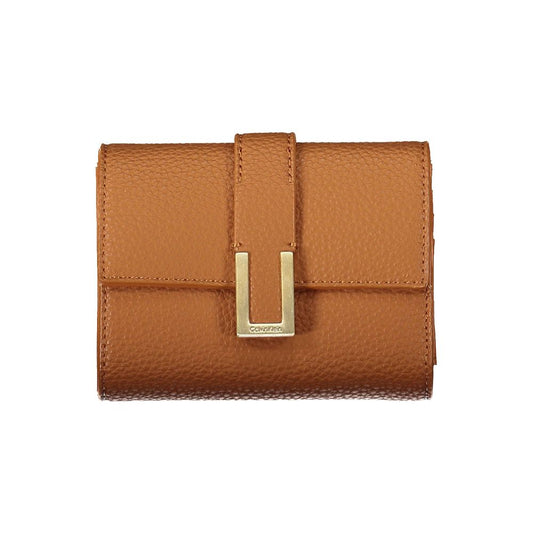 Calvin Klein Brown Polyester Women Wallet with iconic logo snap closure and textured finish.
