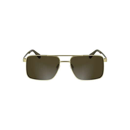 Calvin Klein Gold Metal Men Sunglass with square lenses and luxury gold frames, featuring brown lenses for a bold style statement.
