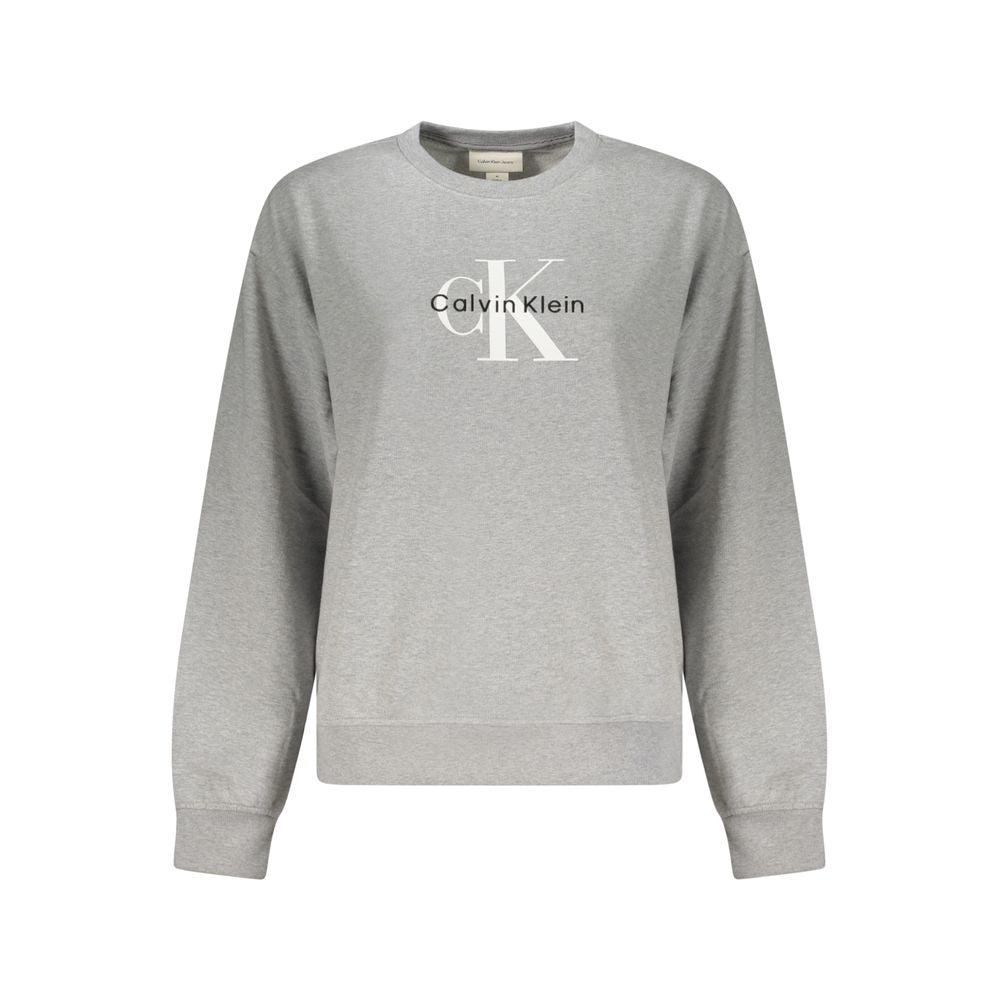 Calvin Klein Gray Cotton Women Sweater with embroidery and logo, long-sleeved, eco-conscious cotton blend, chic and versatile gray design.