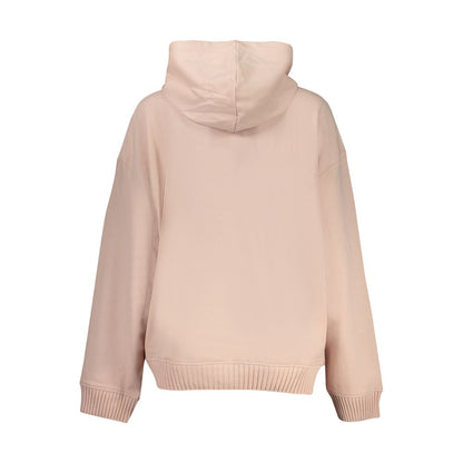Back view of Calvin Klein Pink Cotton Women Sweater, hooded with ribbed cuffs and hem, showcasing chic loungewear elegance.