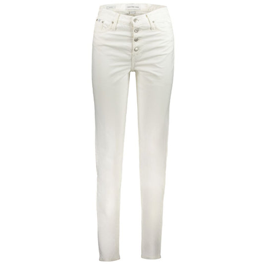 Calvin Klein White Cotton Women Jeans featuring a 5-pocket design and branded buttons, crafted from sustainable recycled cotton.