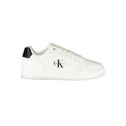 Calvin Klein White Leather Women Sneaker with black accents and logo, featuring a removable footbed for comfort and luxury.