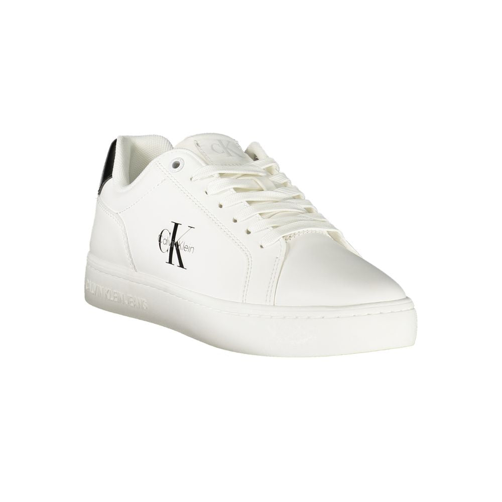 Calvin Klein White Leather Women Sneaker with black details and logo, stylish and comfortable for confident strides.