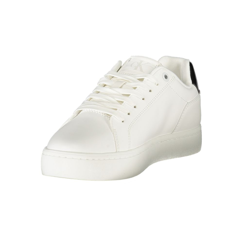 Calvin Klein White Leather Women Sneaker with black accents, featuring a removable footbed and iconic logo.