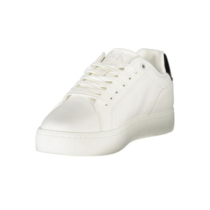 Calvin Klein White Leather Women Sneaker with black accents, featuring a removable footbed and iconic logo.