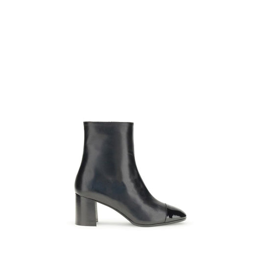 Carel Paris Black Leather Ankle Boots with patent toe and flared heel, side zip closure for AW25 fashion, elegant retro style.