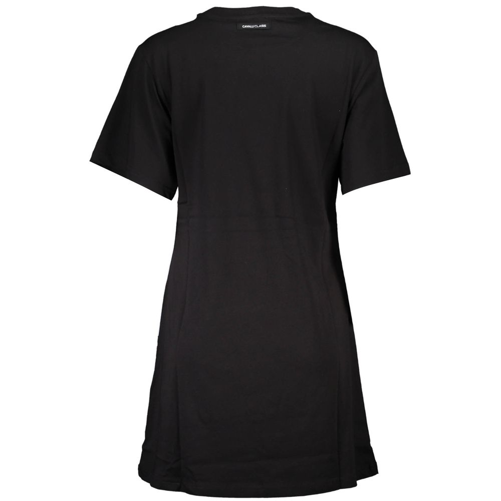 Cavalli Class Black Cotton Dress, short sleeves, round neck, back view. Stylish and elegant with logo print.
