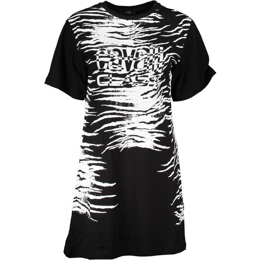 Cavalli Class Black Cotton Women Dress with bold print and logo, stylish and elegant fashion choice for modern sophistication.