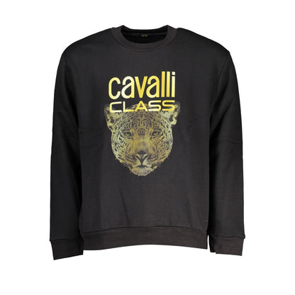 Cavalli Class Black Cotton Women Sweater with leopard print and logo design, long-sleeved, crew neck sweatshirt, Italian fashion.