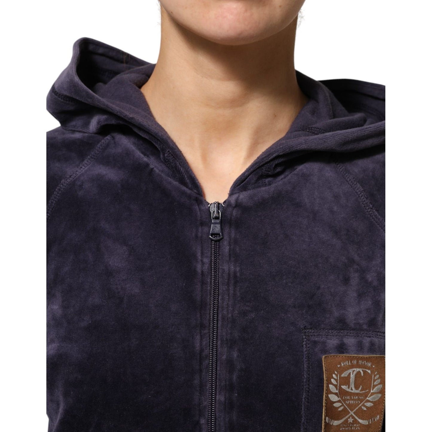 Cavalli Class Purple Cotton Blend Velvet Zip-Up Hoodie Sweatshirt Sweater Cavalli Class