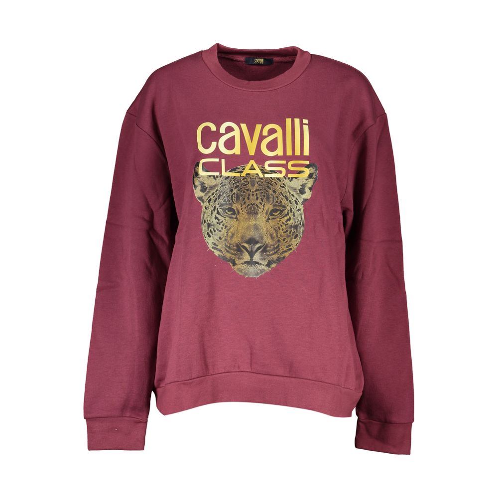 Cavalli Class Purple Cotton Women Sweater with striking print and brand logo, long-sleeved and crew neck design.